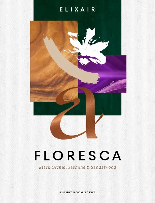 FLORESCA label: copper monogram over deep green, figured wood and a violet orchid