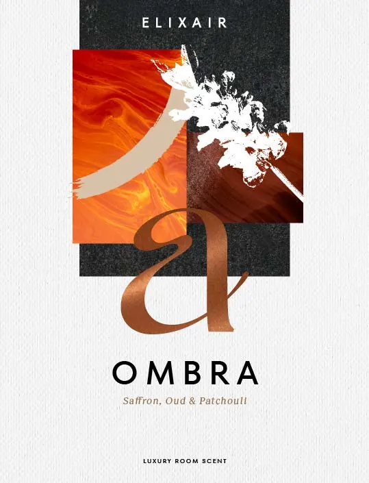 OMBRA label: copper monogram over a collage of molten amber, black stone and white blossom