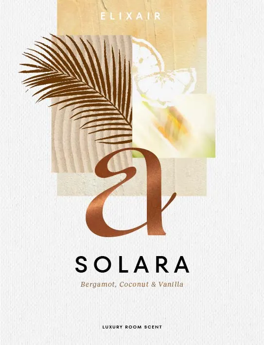 SOLARA label: copper monogram over raked sand, a palm frond and pale citrus