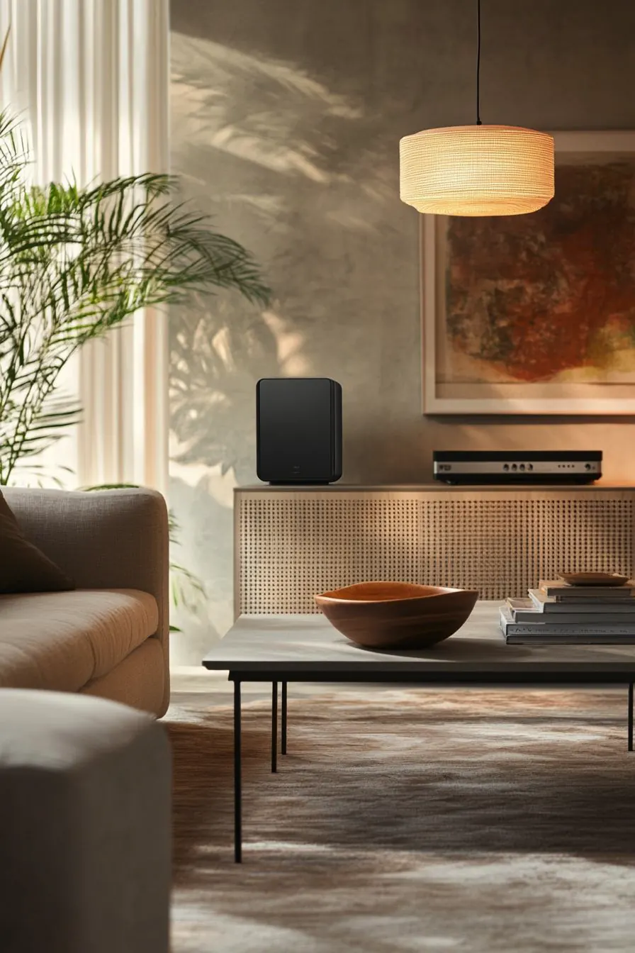 A black Elix Air machine on a rattan sideboard beside a palm, a paper pendant lamp and a low sofa