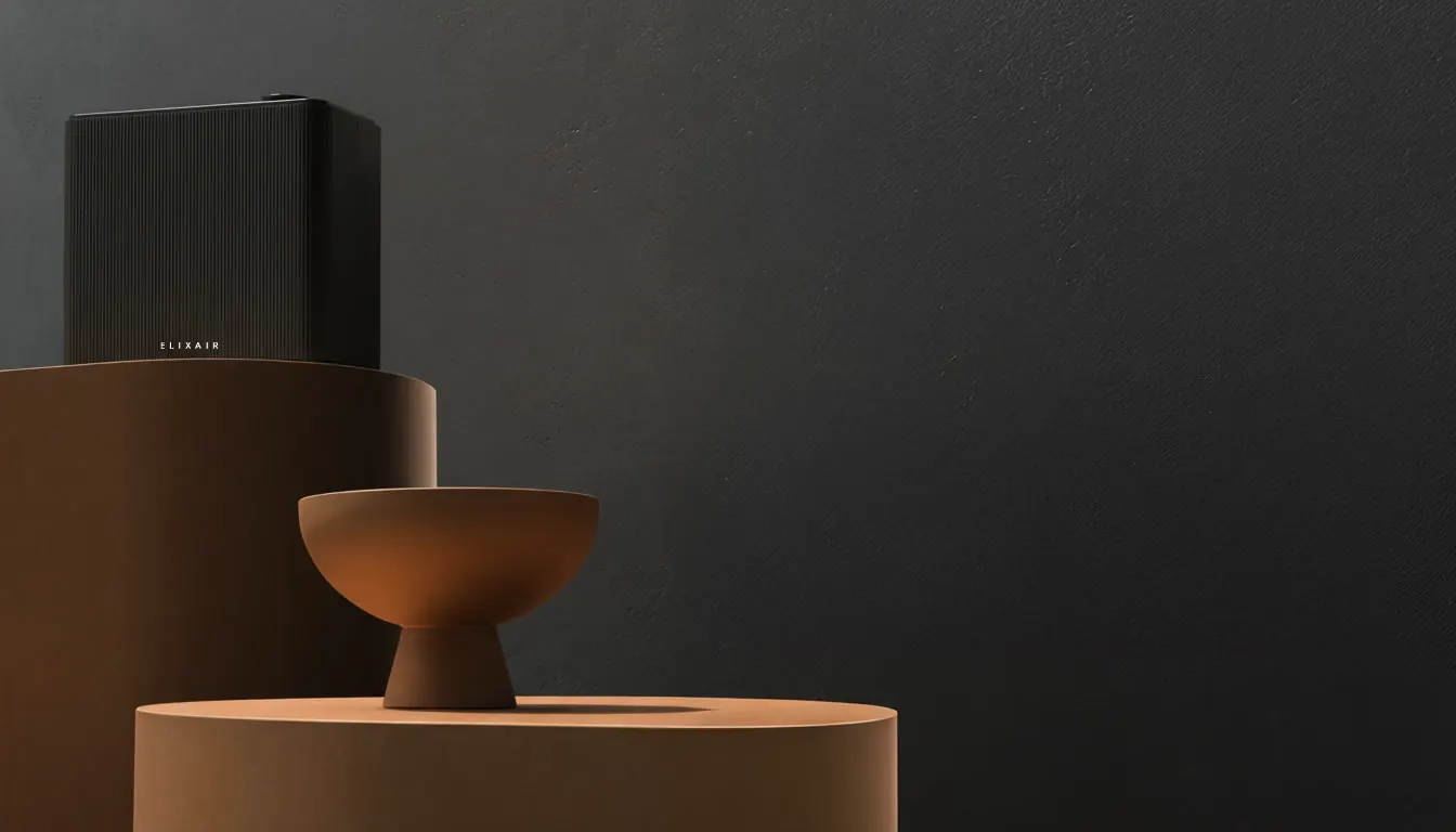PULSE, a ribbed black scent machine, on a clay plinth beside a terracotta bowl